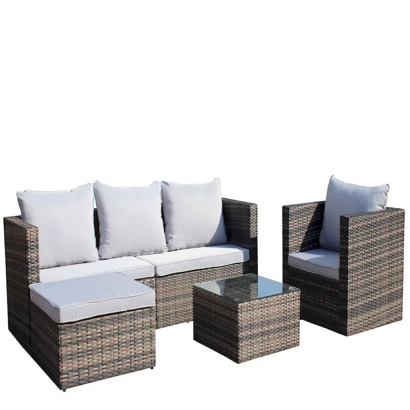 Ensemble canapé d'extérieur 4 pièces en rotin PE tressé avec coussins et table basse