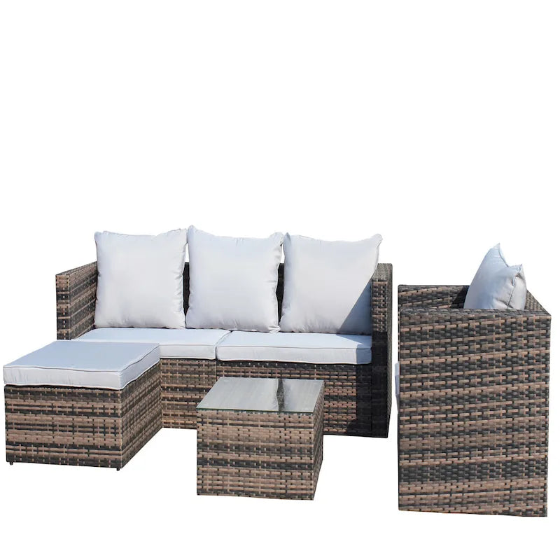 Ensemble canapé d'extérieur 4 pièces en rotin PE tressé avec coussins et table basse