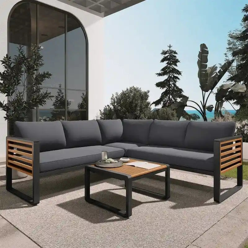 Ensemble de mobilier de patio 4 pièces avec table basse, canapé d'angle d'extérieur en forme de L avec structure en métal et bois et coussins pour jardin