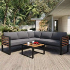 Ensemble de mobilier de patio 4 pièces avec table basse, canapé d'angle d'extérieur en forme de L avec structure en métal et bois et coussins pour jardin