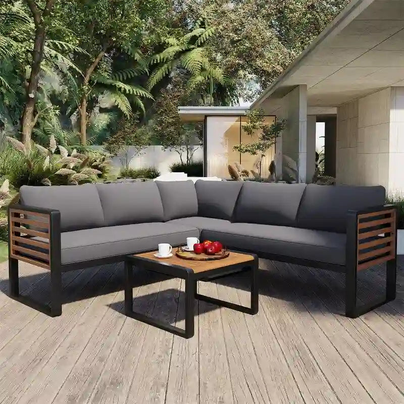 Ensemble de mobilier de patio 4 pièces avec table basse, canapé d'angle d'extérieur en forme de L avec structure en métal et bois et coussins pour jardin