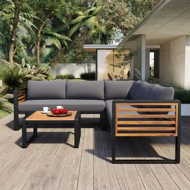 Ensemble de mobilier de patio 4 pièces avec table basse, canapé d'angle d'extérieur en forme de L avec structure en métal et bois et coussins pour jardin