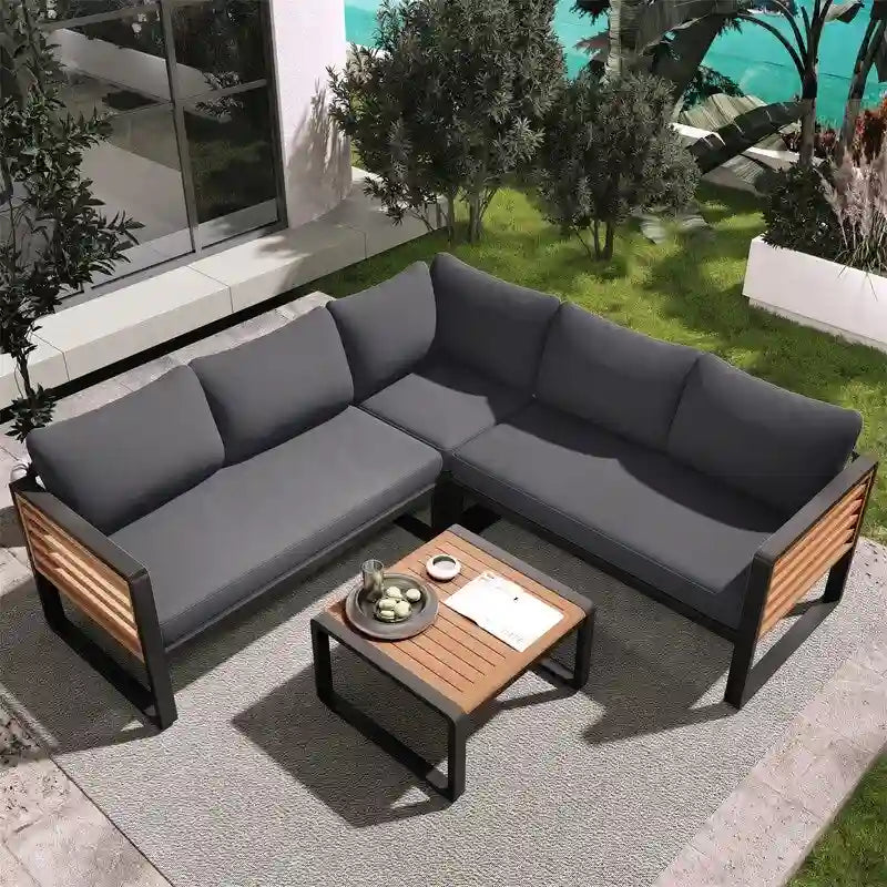 Ensemble de mobilier de patio 4 pièces avec table basse, canapé d'angle d'extérieur en forme de L avec structure en métal et bois et coussins pour jardin