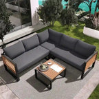 Ensemble de mobilier de patio 4 pièces avec table basse, canapé d'angle d'extérieur en forme de L avec structure en métal et bois et coussins pour jardin