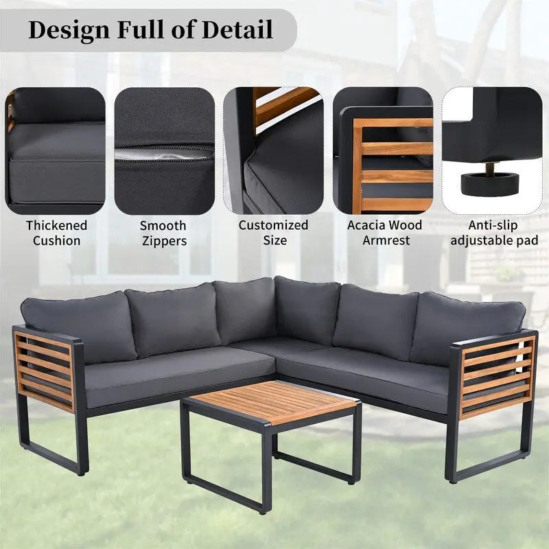 Ensemble de mobilier de patio 4 pièces avec table basse, canapé d'angle d'extérieur en forme de L avec structure en métal et bois et coussins pour jardin
