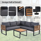 Ensemble de mobilier de patio 4 pièces avec table basse, canapé d'angle d'extérieur en forme de L avec structure en métal et bois et coussins pour jardin