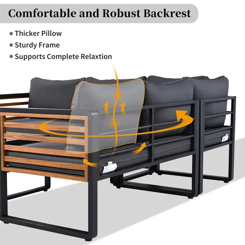 Ensemble de mobilier de patio 4 pièces avec table basse, canapé d'angle d'extérieur en forme de L avec structure en métal et bois et coussins pour jardin