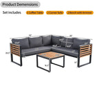 Ensemble de mobilier de patio 4 pièces avec table basse, canapé d'angle d'extérieur en forme de L avec structure en métal et bois et coussins pour jardin