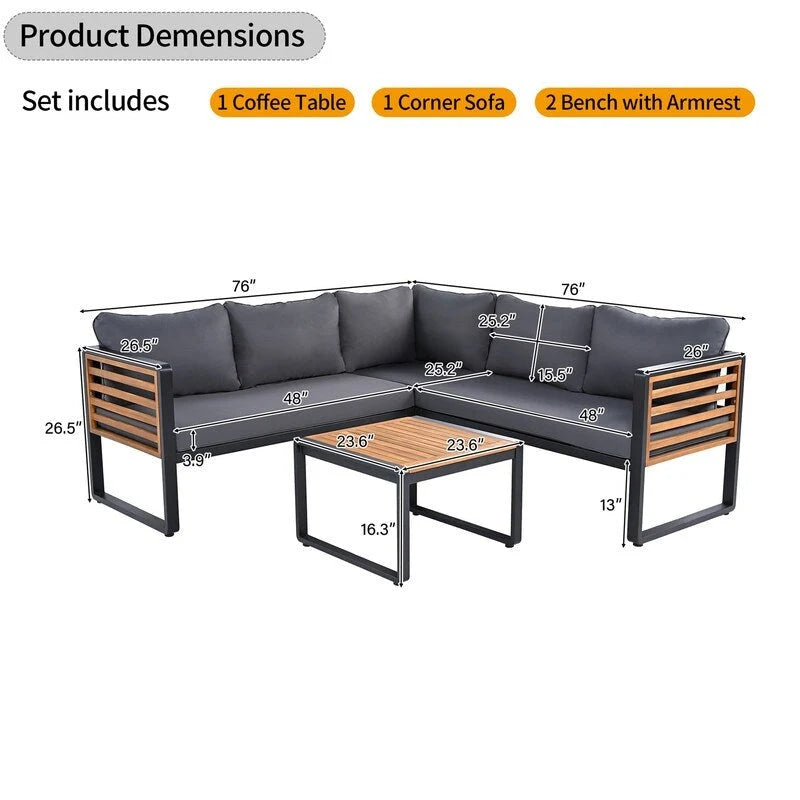 Ensemble de mobilier de patio 4 pièces avec table basse, canapé d'angle d'extérieur en forme de L avec structure en métal et bois et coussins pour jardin