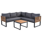 Ensemble de mobilier de patio 4 pièces avec table basse, canapé d'angle d'extérieur en forme de L avec structure en métal et bois et coussins pour jardin