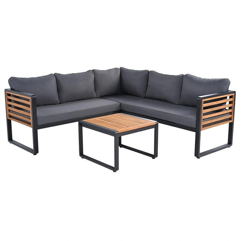 Ensemble de mobilier de patio 4 pièces avec table basse, canapé d'angle d'extérieur en forme de L avec structure en métal et bois et coussins pour jardin