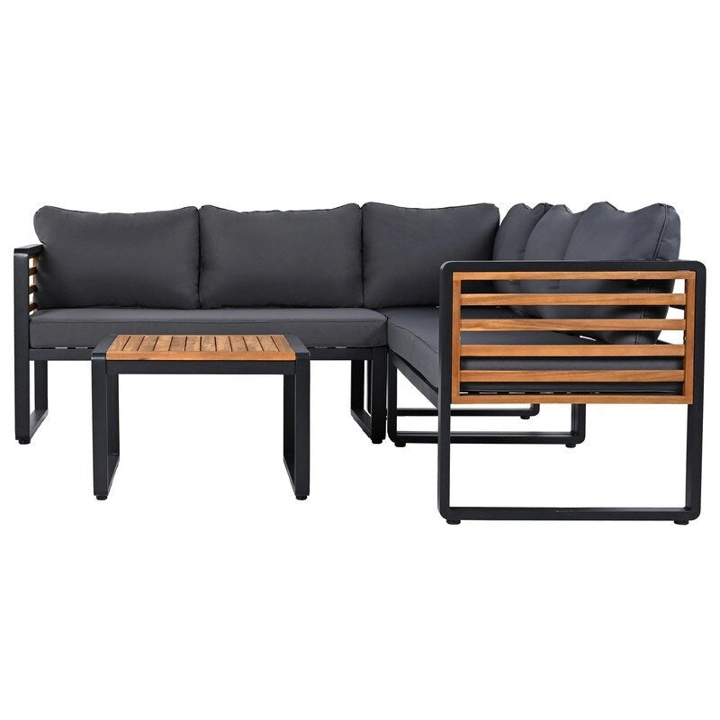 Ensemble de mobilier de patio 4 pièces avec table basse, canapé d'angle d'extérieur en forme de L avec structure en métal et bois et coussins pour jardin