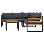 Ensemble de mobilier de patio 4 pièces avec table basse, canapé d'angle d'extérieur en forme de L avec structure en métal et bois et coussins pour jardin