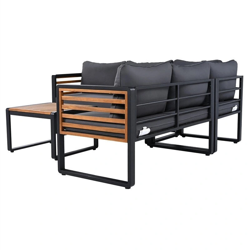 Ensemble de mobilier de patio 4 pièces avec table basse, canapé d'angle d'extérieur en forme de L avec structure en métal et bois et coussins pour jardin