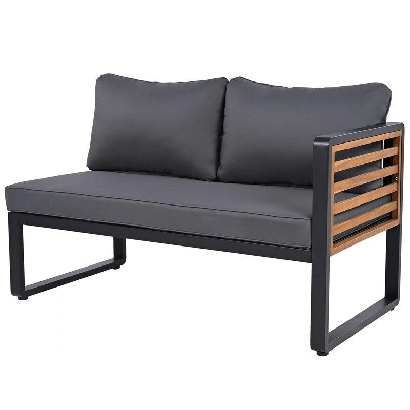 Ensemble de mobilier de patio 4 pièces avec table basse, canapé d'angle d'extérieur en forme de L avec structure en métal et bois et coussins pour jardin