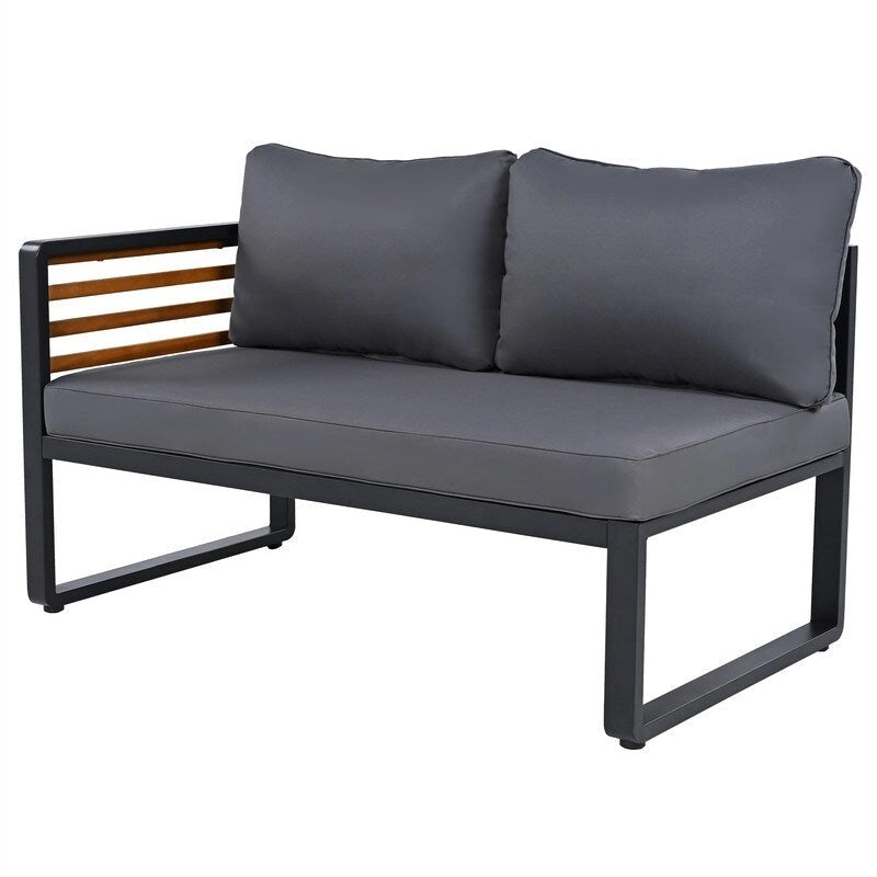 Ensemble de mobilier de patio 4 pièces avec table basse, canapé d'angle d'extérieur en forme de L avec structure en métal et bois et coussins pour jardin