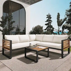 Ensemble de mobilier de patio 4 pièces avec table basse, canapé d'angle d'extérieur en forme de L avec structure en métal et bois et coussins pour jardin