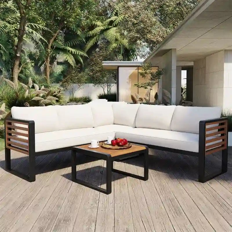 Ensemble de mobilier de patio 4 pièces avec table basse, canapé d'angle d'extérieur en forme de L avec structure en métal et bois et coussins pour jardin