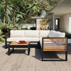 Ensemble de mobilier de patio 4 pièces avec table basse, canapé d'angle d'extérieur en forme de L avec structure en métal et bois et coussins pour jardin
