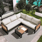 Ensemble de mobilier de patio 4 pièces avec table basse, canapé d'angle d'extérieur en forme de L avec structure en métal et bois et coussins pour jardin