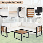 Ensemble de mobilier de patio 4 pièces avec table basse, canapé d'angle d'extérieur en forme de L avec structure en métal et bois et coussins pour jardin