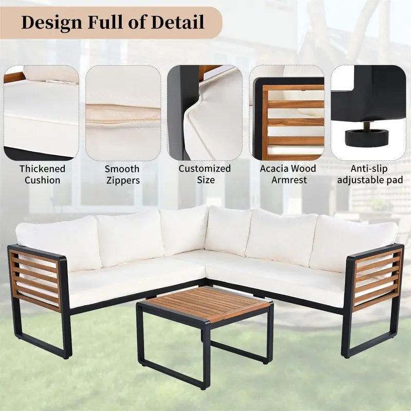Ensemble de mobilier de patio 4 pièces avec table basse, canapé d'angle d'extérieur en forme de L avec structure en métal et bois et coussins pour jardin