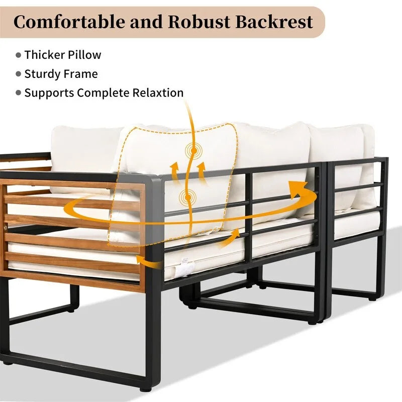 Ensemble de mobilier de patio 4 pièces avec table basse, canapé d'angle d'extérieur en forme de L avec structure en métal et bois et coussins pour jardin