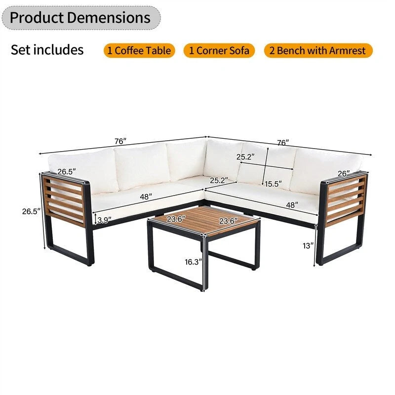 Ensemble de mobilier de patio 4 pièces avec table basse, canapé d'angle d'extérieur en forme de L avec structure en métal et bois et coussins pour jardin