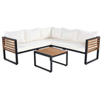 Ensemble de mobilier de patio 4 pièces avec table basse, canapé d'angle d'extérieur en forme de L avec structure en métal et bois et coussins pour jardin