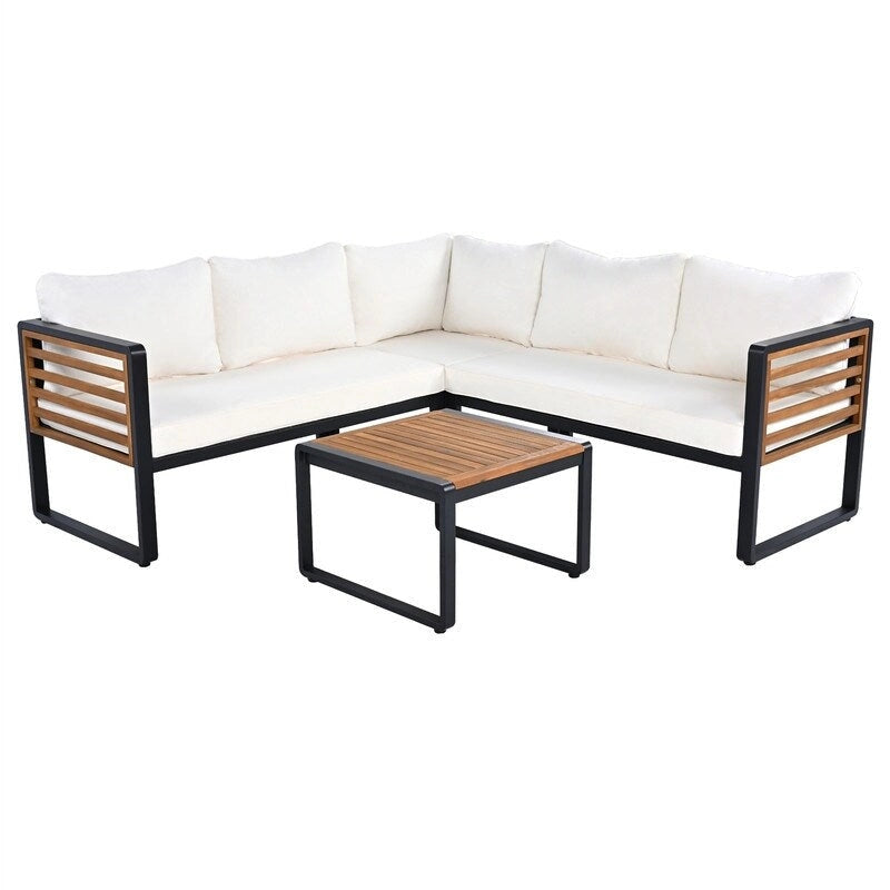 Ensemble de mobilier de patio 4 pièces avec table basse, canapé d'angle d'extérieur en forme de L avec structure en métal et bois et coussins pour jardin