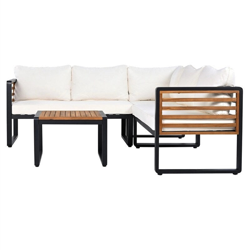 Ensemble de mobilier de patio 4 pièces avec table basse, canapé d'angle d'extérieur en forme de L avec structure en métal et bois et coussins pour jardin