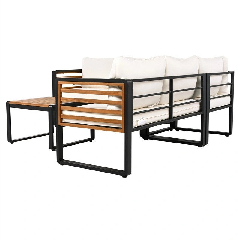 Ensemble de mobilier de patio 4 pièces avec table basse, canapé d'angle d'extérieur en forme de L avec structure en métal et bois et coussins pour jardin