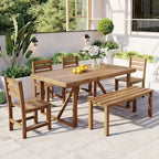 Ensemble table et chaises d'extérieur en bois d'acacia avec 4 chaises et un banc, mobilier de patio 6 pièces adapté aux patios 7 pièces