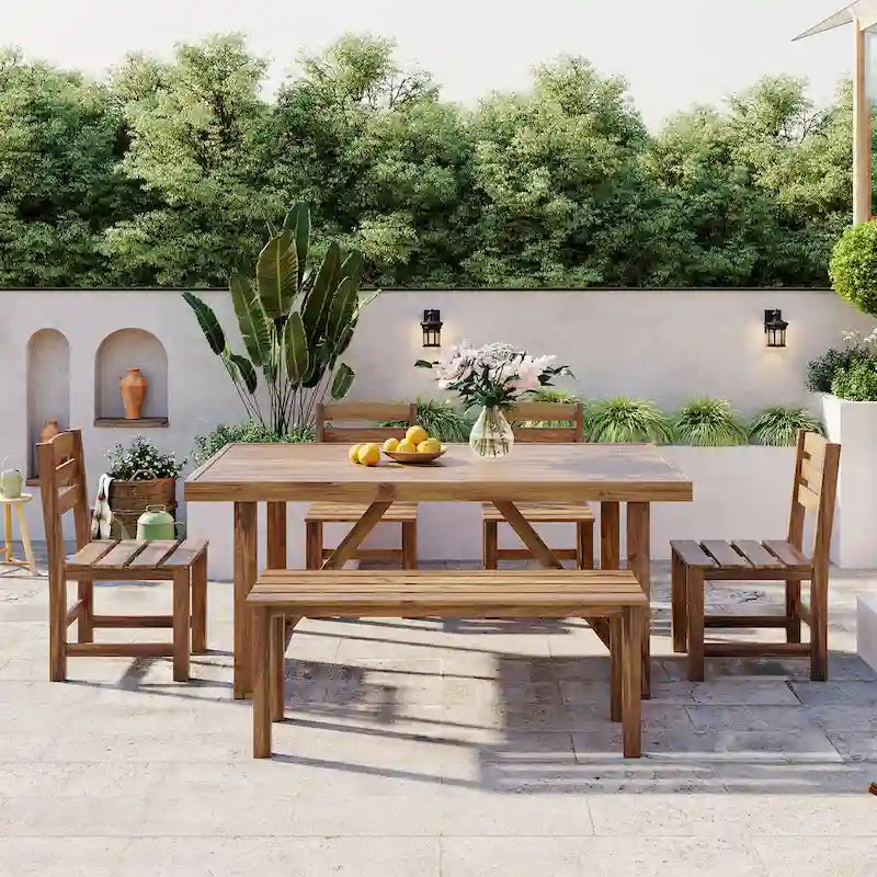 Ensemble table et chaises d'extérieur en bois d'acacia avec 4 chaises et un banc, mobilier de patio 6 pièces adapté aux patios 7 pièces