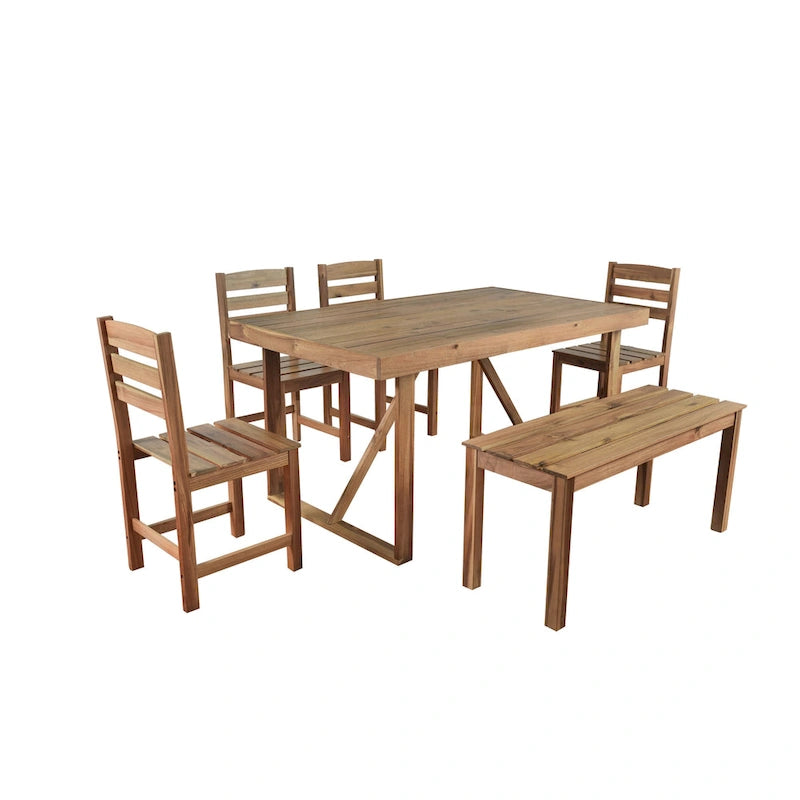 Ensemble table et chaises d'extérieur en bois d'acacia avec 4 chaises et un banc, mobilier de patio 6 pièces adapté aux patios 7 pièces