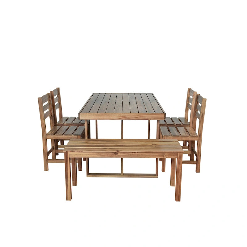 Ensemble table et chaises d'extérieur en bois d'acacia avec 4 chaises et un banc, mobilier de patio 6 pièces adapté aux patios 7 pièces