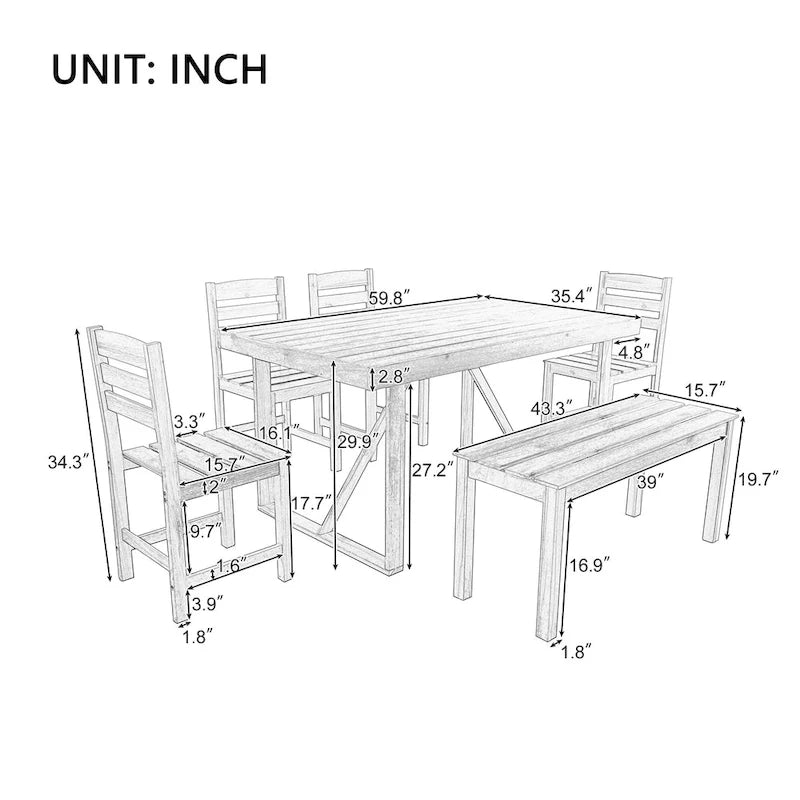 Ensemble table et chaises d'extérieur en bois d'acacia avec 4 chaises et un banc, mobilier de patio 6 pièces adapté aux patios 7 pièces