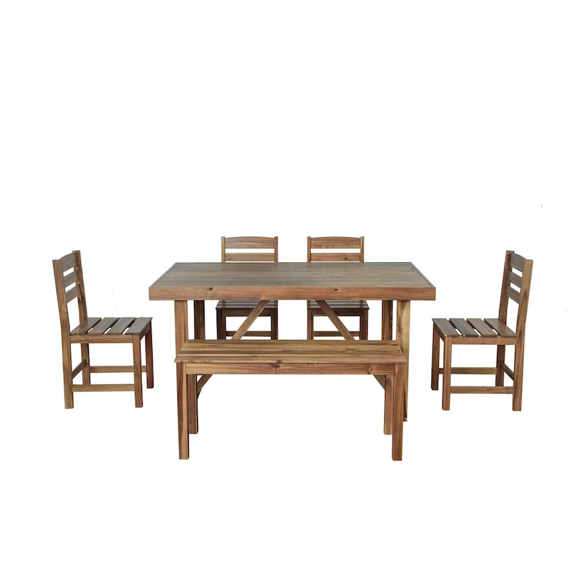 Ensemble table et chaises d'extérieur en bois d'acacia avec 4 chaises et un banc, mobilier de patio 6 pièces adapté aux patios 7 pièces