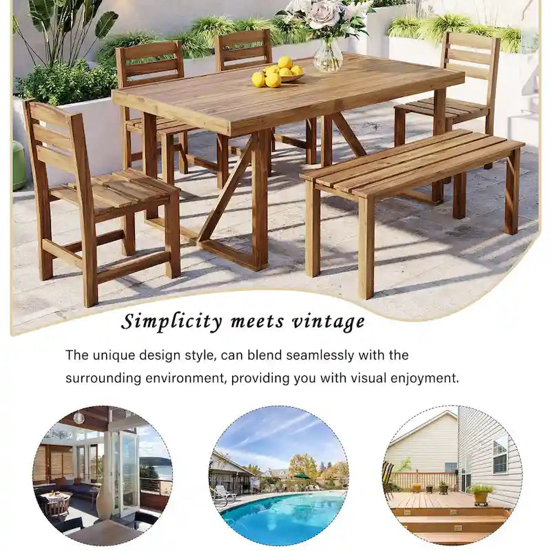 Ensemble table et chaises d'extérieur en bois d'acacia avec 4 chaises et un banc, mobilier de patio 6 pièces adapté aux patios 7 pièces