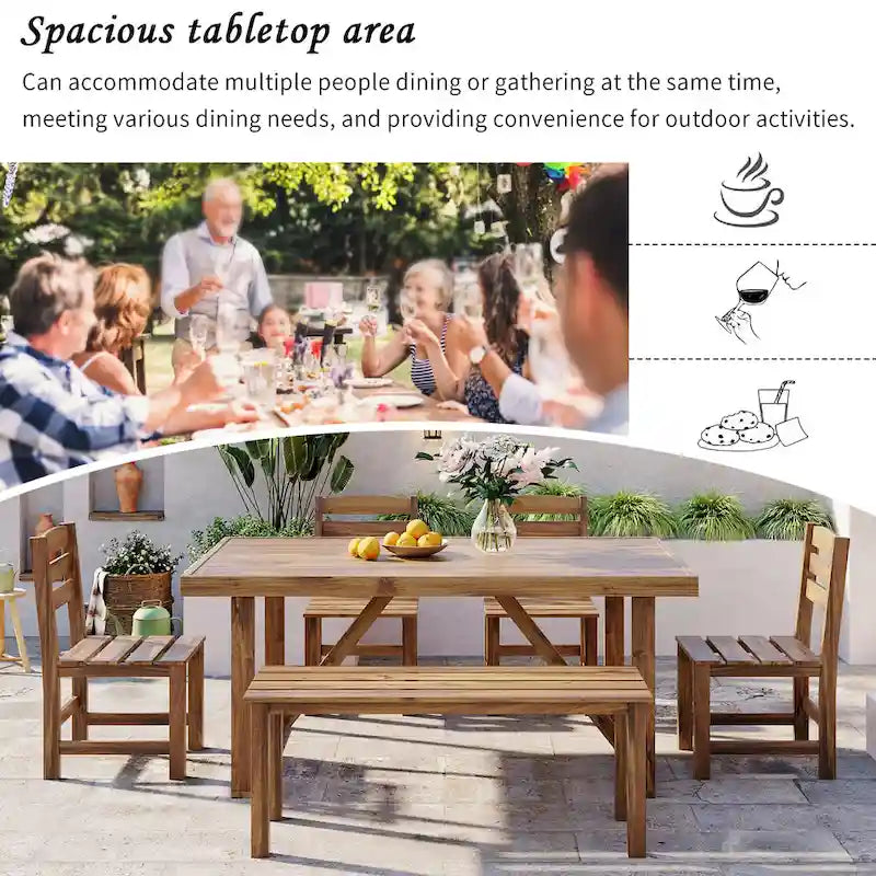 Ensemble table et chaises d'extérieur en bois d'acacia avec 4 chaises et un banc, mobilier de patio 6 pièces adapté aux patios 7 pièces