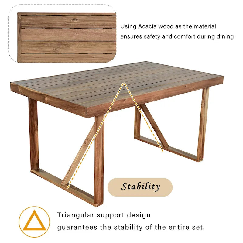 Ensemble table et chaises d'extérieur en bois d'acacia avec 4 chaises et un banc, mobilier de patio 6 pièces adapté aux patios 7 pièces