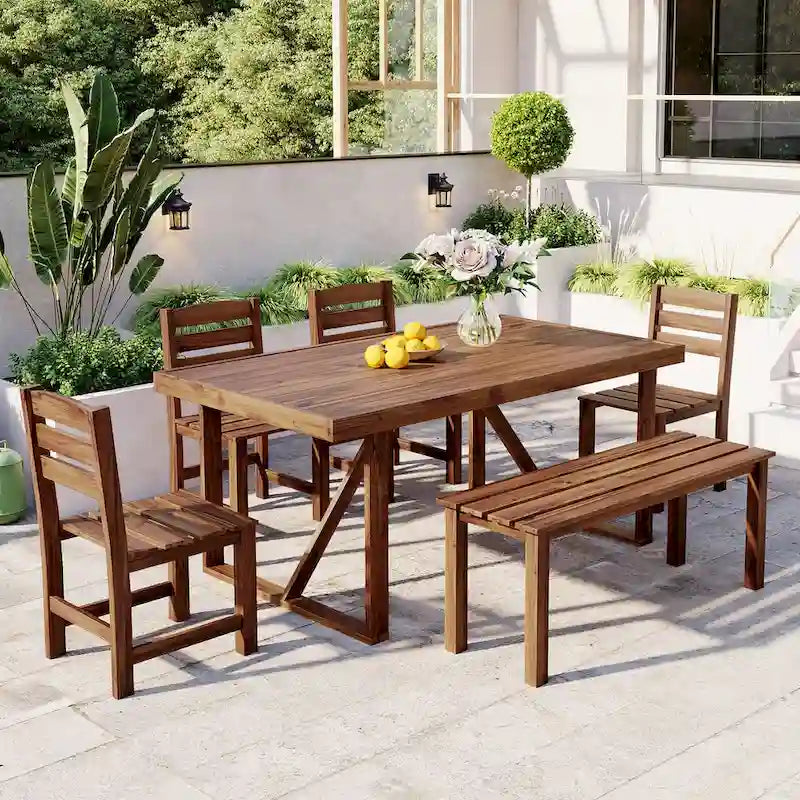 Ensemble table et chaises d'extérieur en bois d'acacia avec 4 chaises et un banc, mobilier de patio 6 pièces adapté aux patios 7 pièces