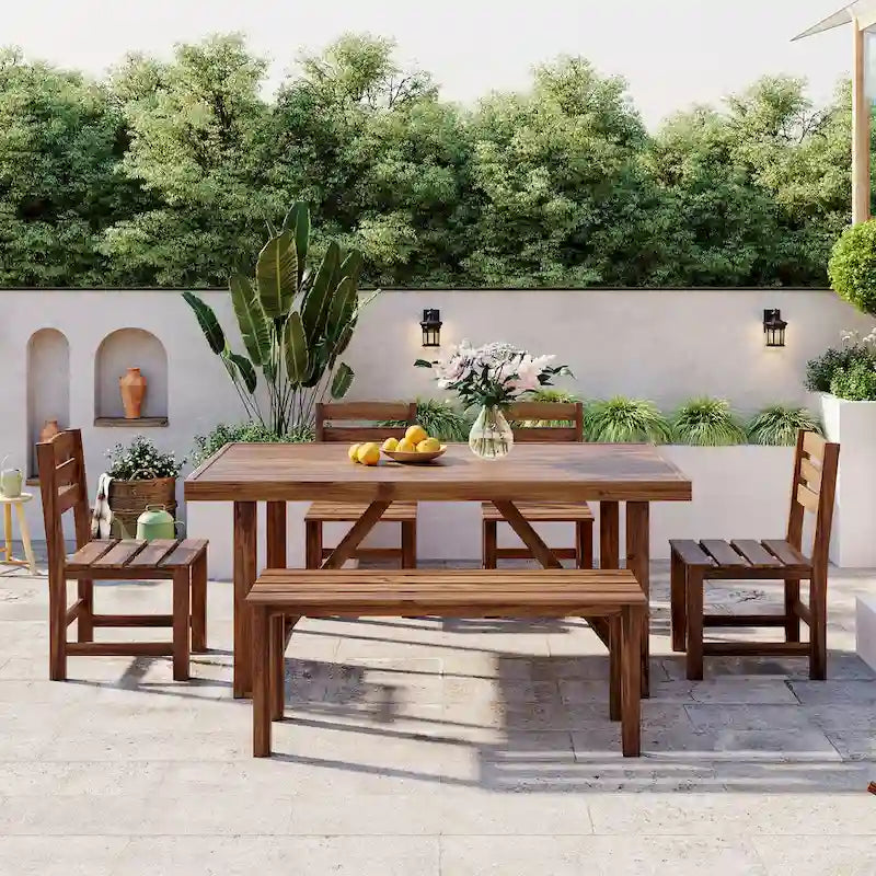Ensemble table et chaises d'extérieur en bois d'acacia avec 4 chaises et un banc, mobilier de patio 6 pièces adapté aux patios 7 pièces
