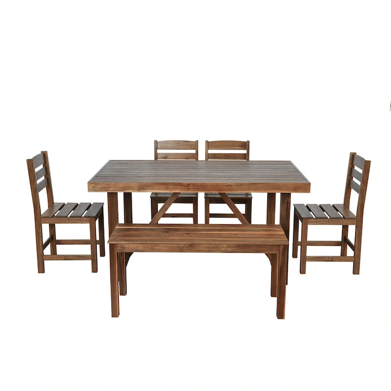 Ensemble table et chaises d'extérieur en bois d'acacia avec 4 chaises et un banc, mobilier de patio 6 pièces adapté aux patios 7 pièces