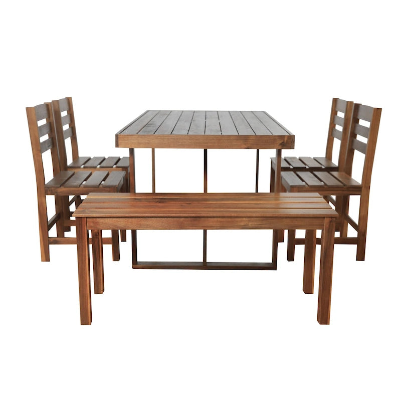 Ensemble table et chaises d'extérieur en bois d'acacia avec 4 chaises et un banc, mobilier de patio 6 pièces adapté aux patios 7 pièces