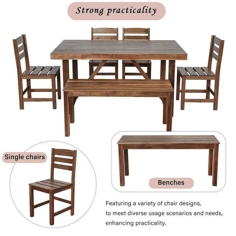 Ensemble table et chaises d'extérieur en bois d'acacia avec 4 chaises et un banc, mobilier de patio 6 pièces adapté aux patios 7 pièces