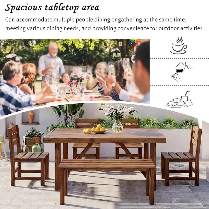 Ensemble table et chaises d'extérieur en bois d'acacia avec 4 chaises et un banc, mobilier de patio 6 pièces adapté aux patios 7 pièces