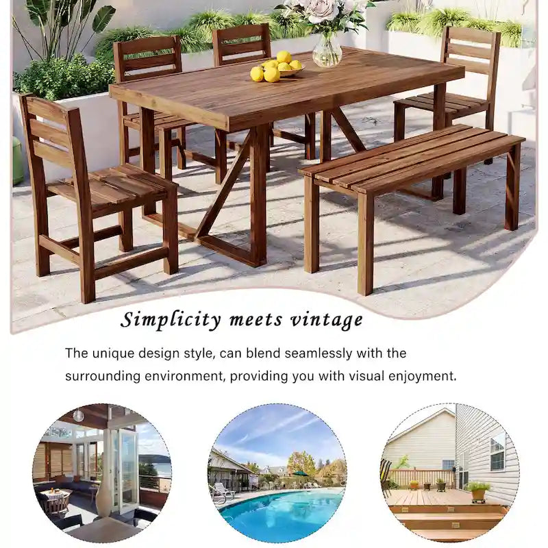 Ensemble table et chaises d'extérieur en bois d'acacia avec 4 chaises et un banc, mobilier de patio 6 pièces adapté aux patios 7 pièces