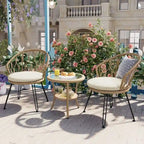 Ensemble de loisirs d'extérieur, composé de 2 chaises individuelles en rotin et d'une table ronde en verre, parfaitement adapté aux patios, balcons et cours.