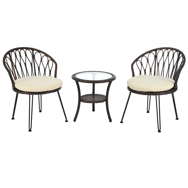 Ensemble de loisirs d'extérieur, composé de 2 chaises individuelles en rotin et d'une table ronde en verre, parfaitement adapté aux patios, balcons et cours.